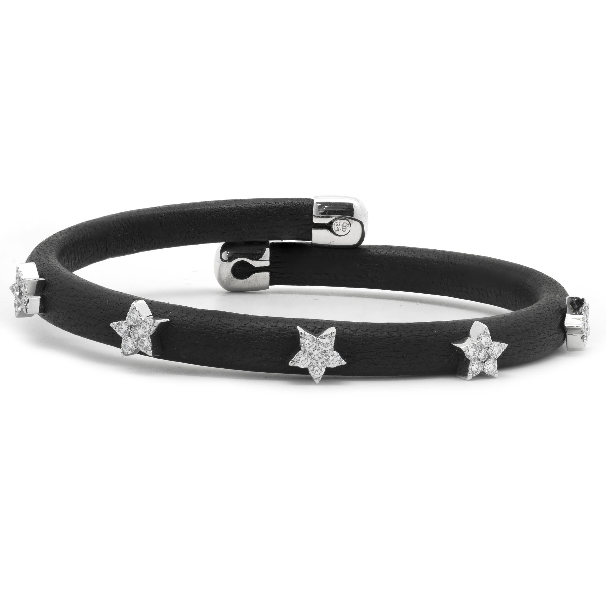 18 Karat White Gold Black Leather Diamond Star Wrap Bracelet For Sale
