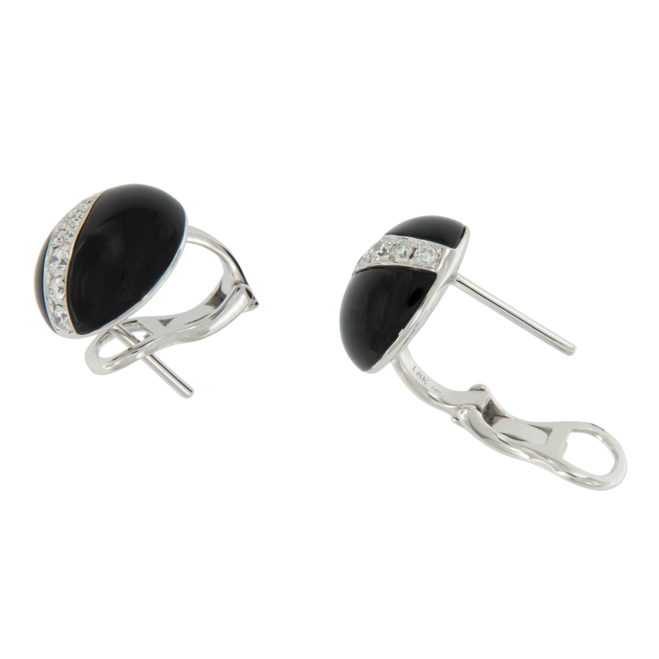 Art Deco 18 Karat White Gold Black Onyx and Diamond Button Earrings For Sale