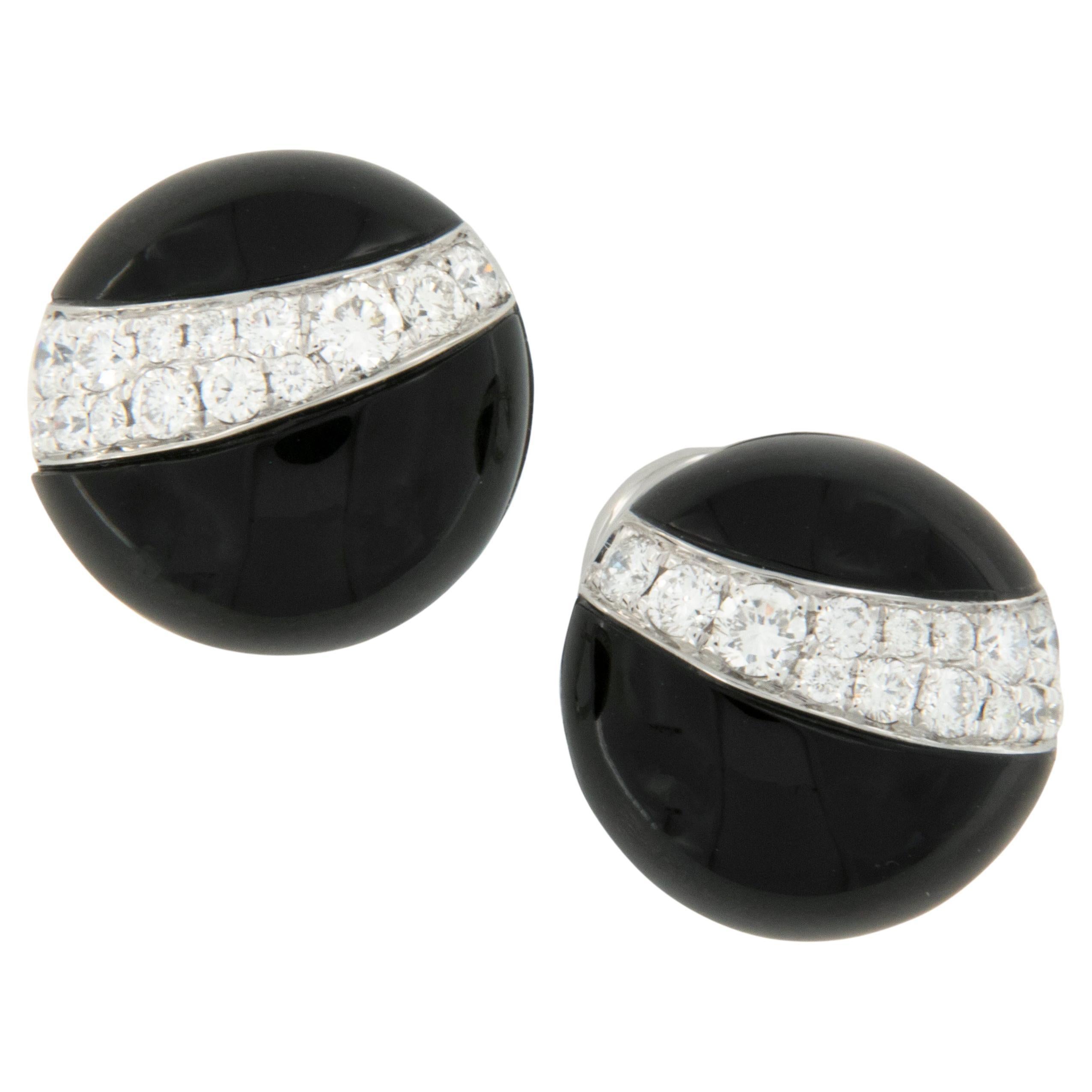 18 Karat White Gold Black Onyx and Diamond Button Earrings