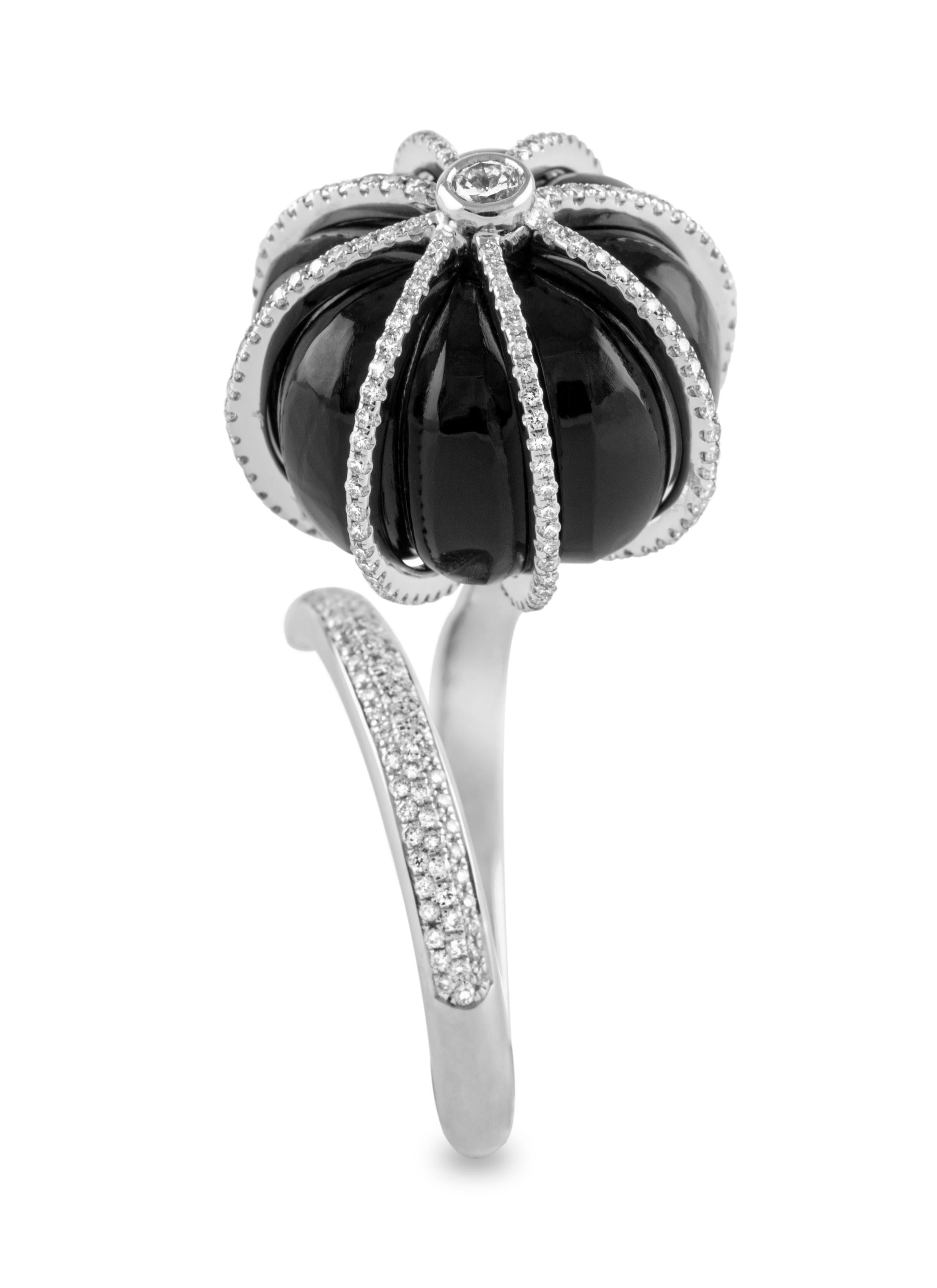 Round Cut 18 Karat White Gold Black Onyx and Diamond Cocktail Ring For Sale