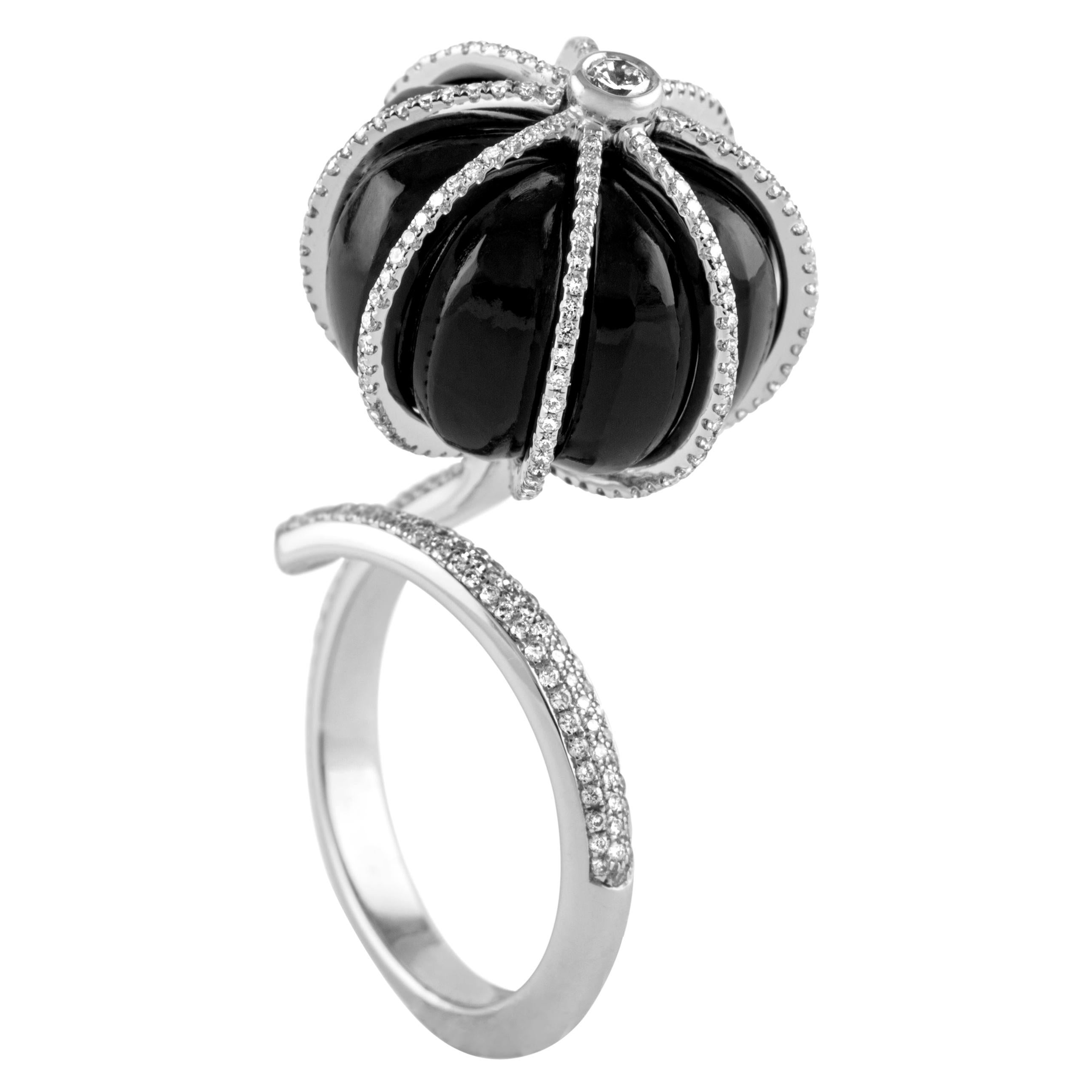 18 Karat White Gold Black Onyx and Diamond Cocktail Ring For Sale