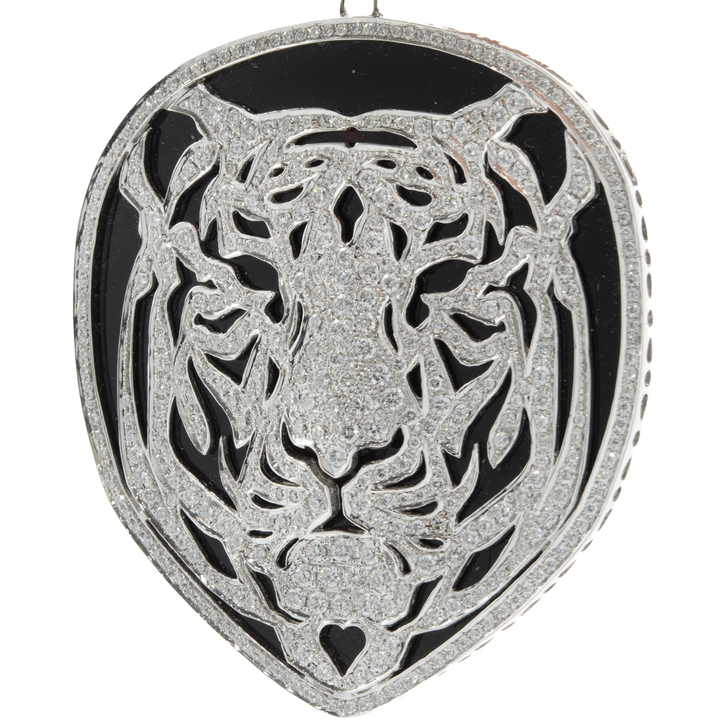 Round Cut 18 Karat White Gold Black Onyx and Diamond Tiger Pendant For Sale