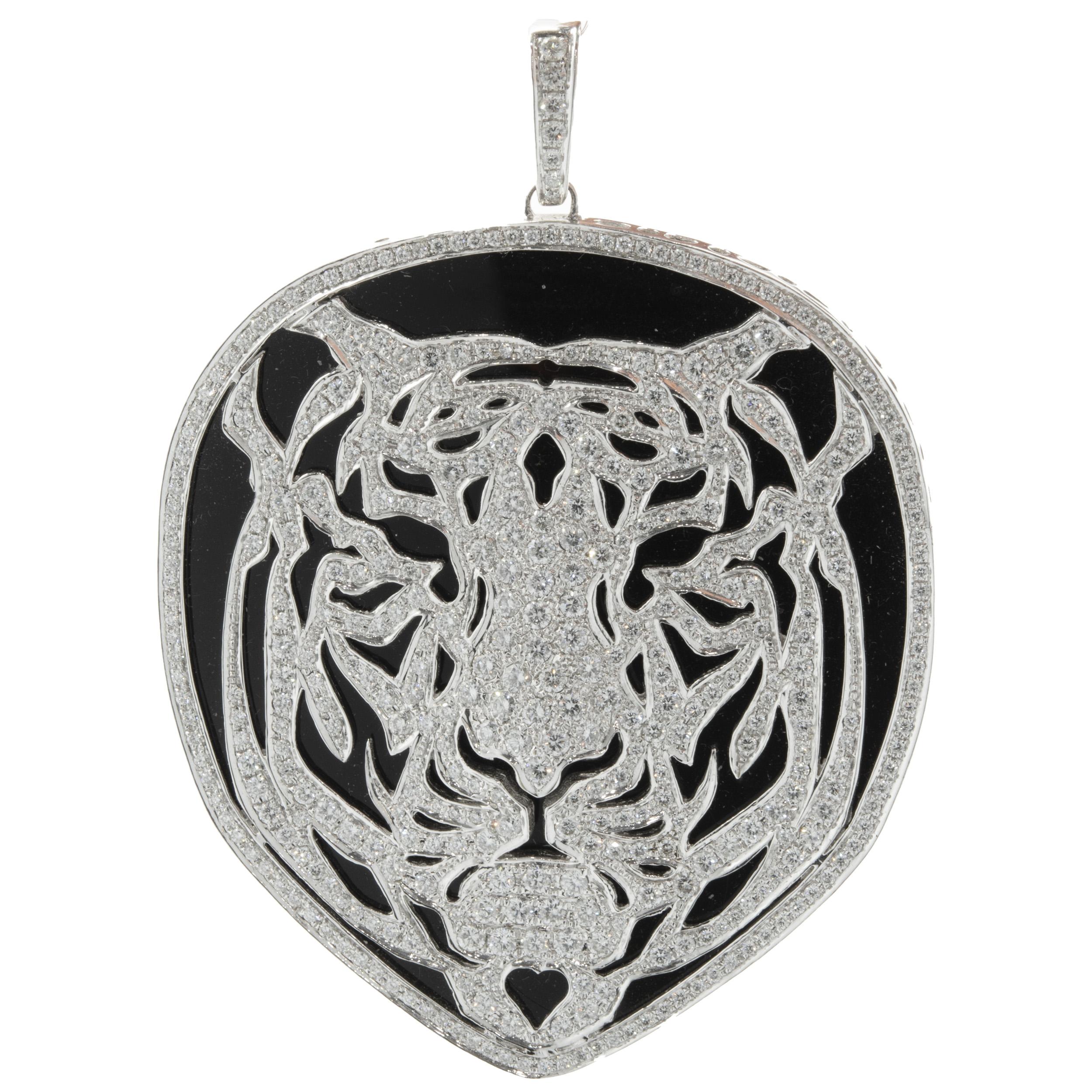 18 Karat White Gold Black Onyx and Diamond Tiger Pendant
