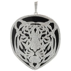 18 Karat White Gold Black Onyx and Diamond Tiger Pendant 18 Karat White Gold Black Onyx and Diamond Tiger Pendant