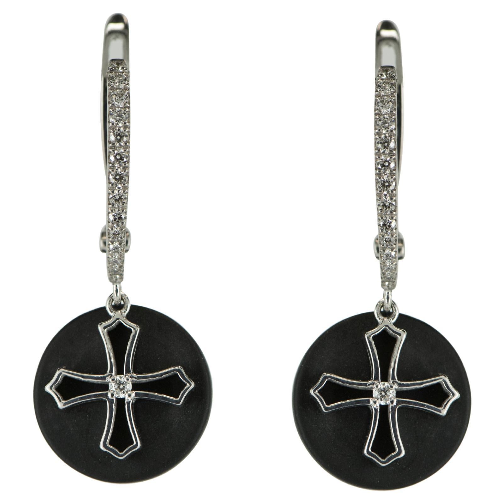 18 Karat White Gold Black Onyx Diamond Cross Dangle Earrings For Sale