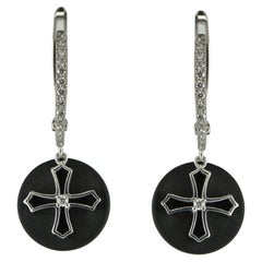 18 Karat White Gold Black Onyx Diamond Cross Dangle Earrings