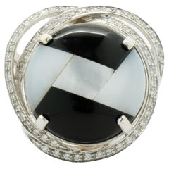 18 Karat White Gold Black Onyx, Mother of Pearl Inlay and Diamond Ring