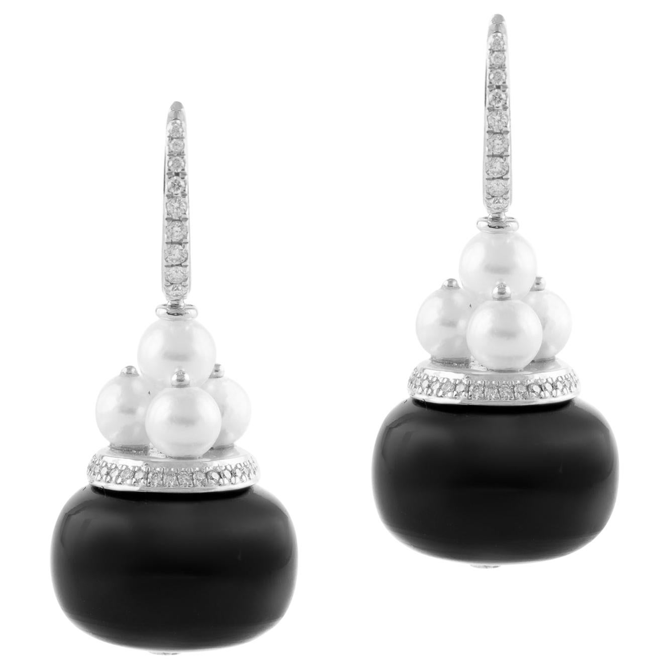 18 Karat White Gold Black Onyx Pearl and Diamond Earrings For Sale