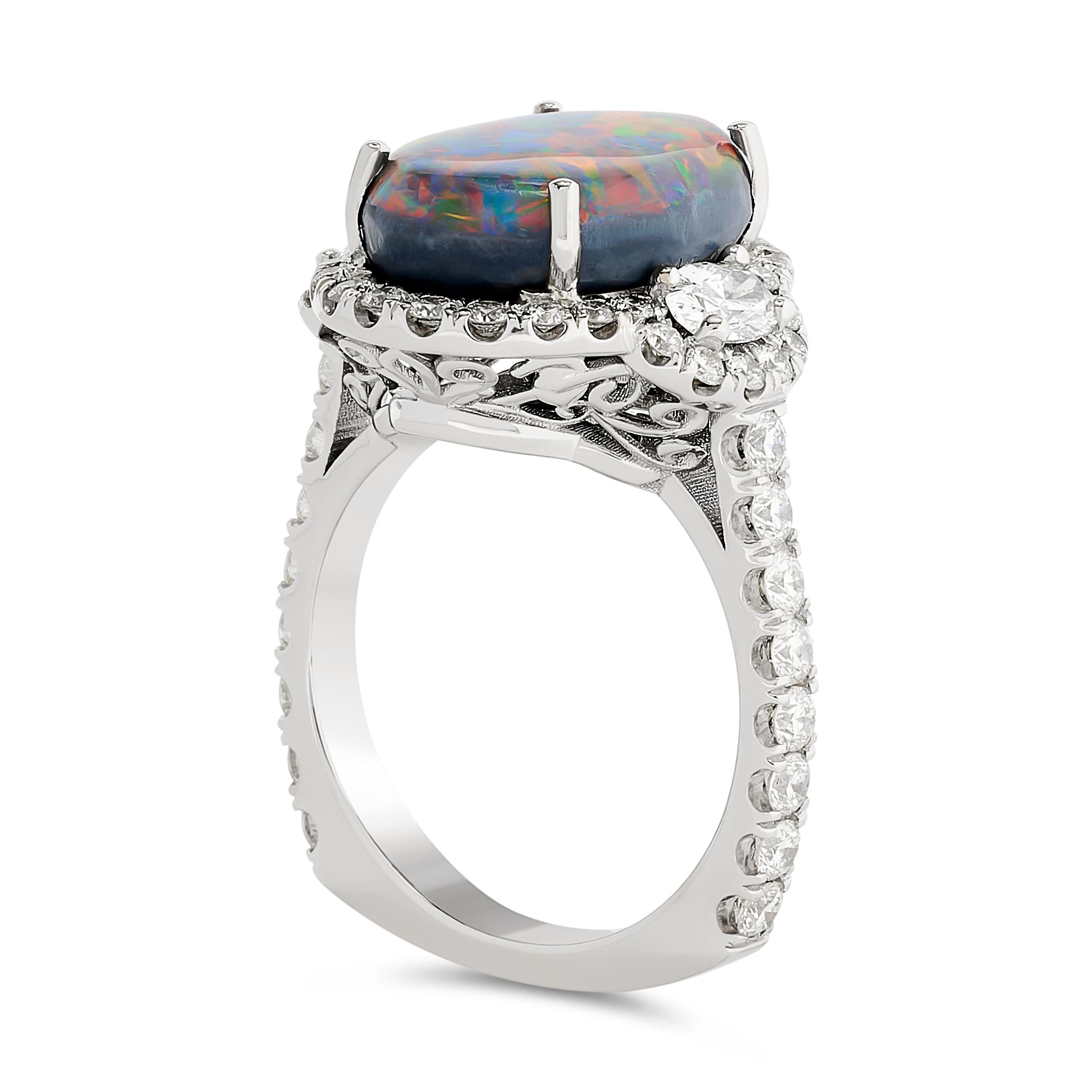 Oval Cut 18 Karat White Gold Black Opal and Diamond Ring For Sale