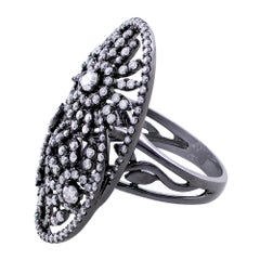 18 Karat White Gold Black Rhodium Diamond Floral Scroll Ring