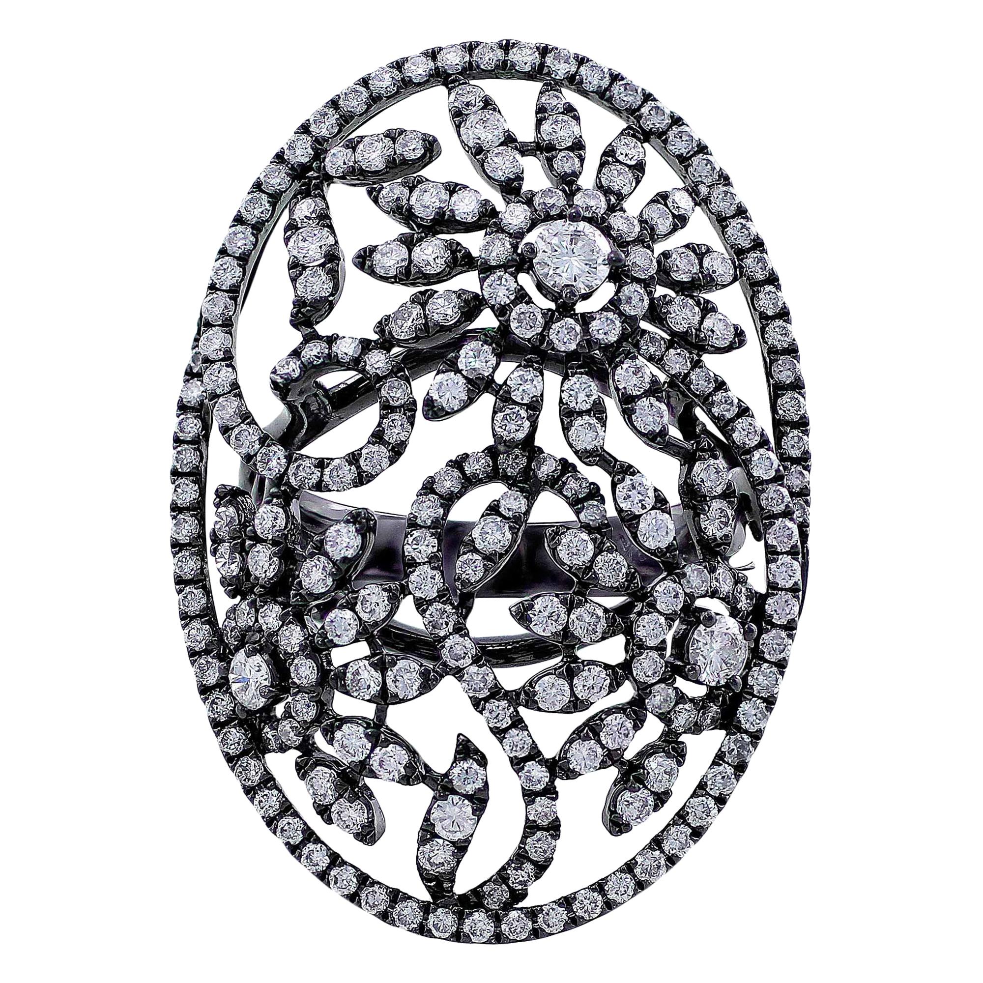 18 Karat White Gold Black Rhodium Diamond Floral Scroll Ring For Sale