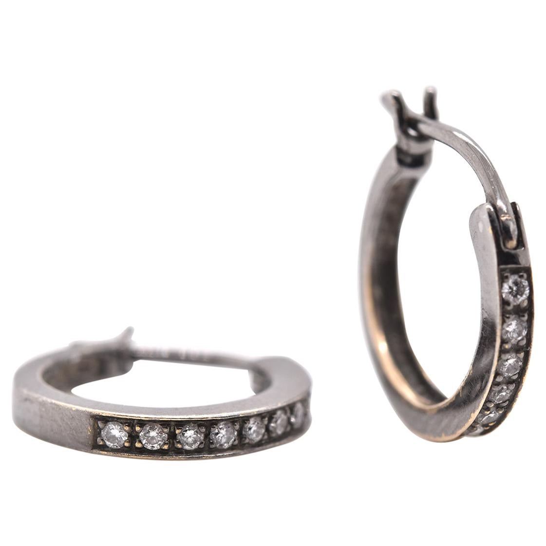 18 Karat White Gold Black Rhodium Diamond Huggie Earrings For Sale
