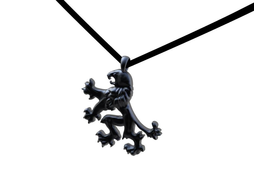 18 Karat White Gold & Black Rhodium Lion Rampant Pendant Necklace, Free standing lion ready to attack. Don't worry it's just a piece of platinum.  From my cycling trip to Prague, Czech Republic. I couldn't help but save a coin to sculpt this