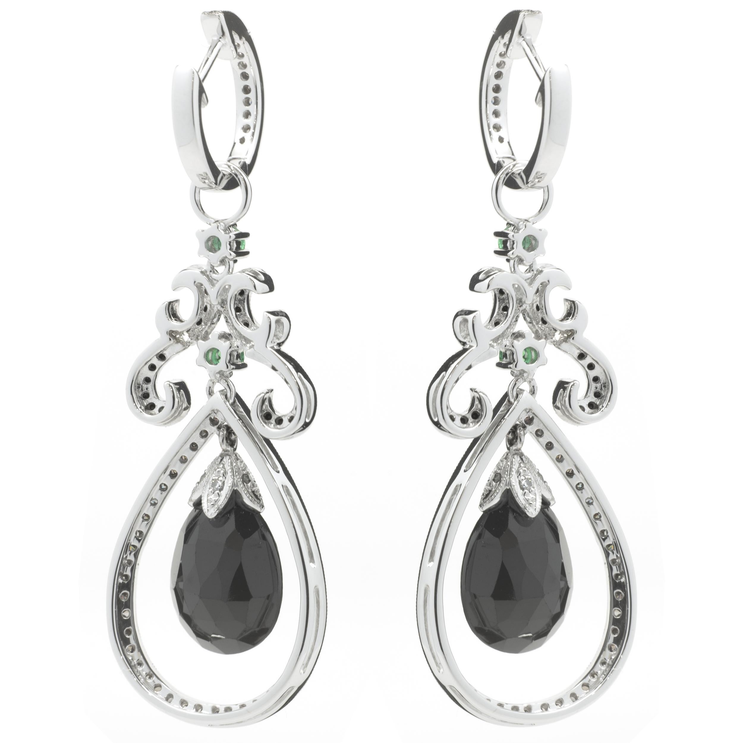 Designer: custom
Material: 18K white gold
Diamond: 140 round cut = 1.17cttw 
Color: chocolate 
Clarity: SI
Dimensions: earrings measure 44 X 17
Weight: 12.66 grams

