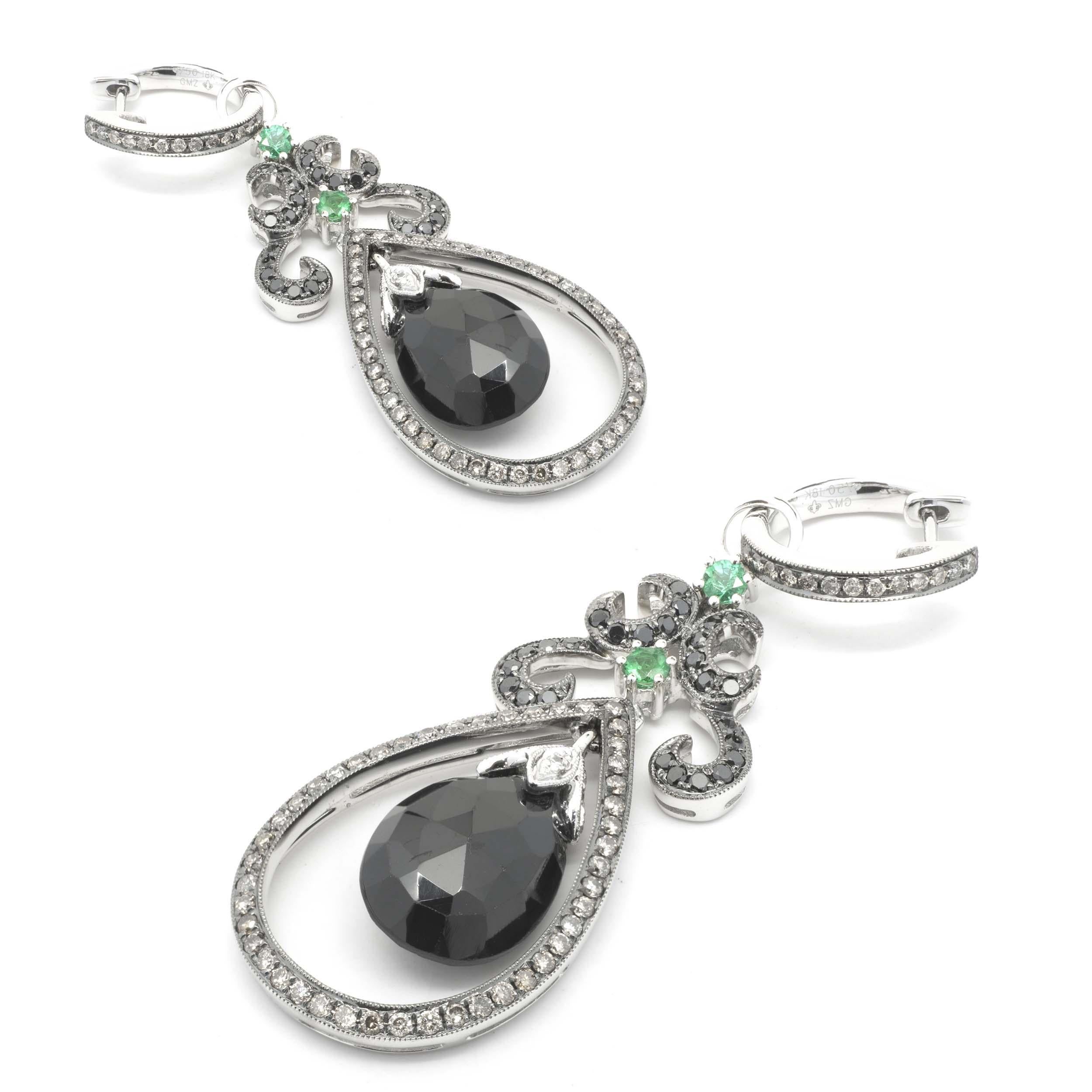 18 Karat White Gold Black Spinel, Chocolate Diamond, Green Tourmaline Earrings In Excellent Condition For Sale In Scottsdale, AZ