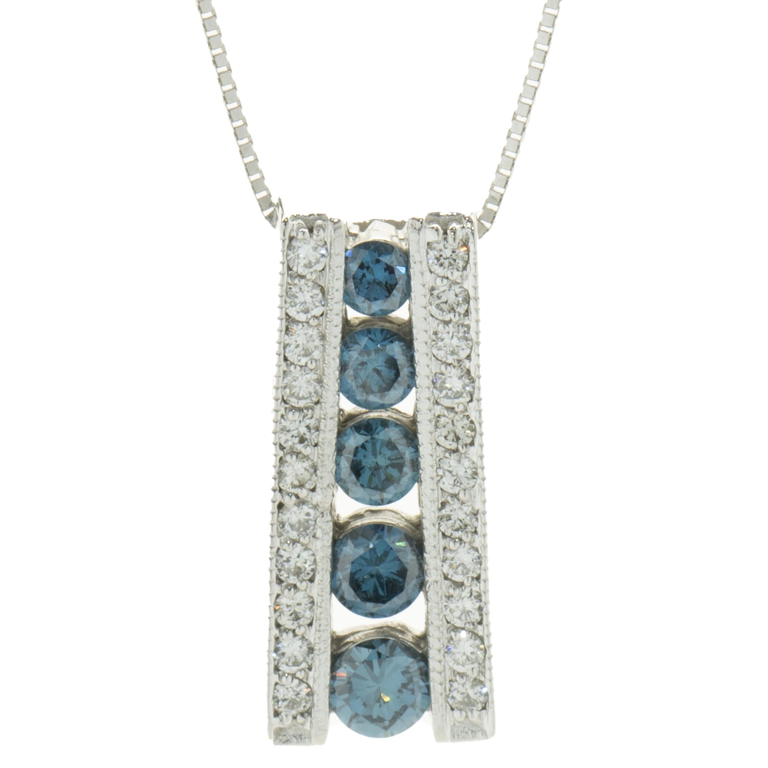 Designer: custom
Material: 18K white gold
Diamond: 5 round brilliant cut = 0.40cttw
Color: Blue
Clarity: SI1
Diamond: 22 round brilliant cut = 0.22cttw
Color: H
Clarity: SI1
Dimensions: necklace measures 18-inches in length
Weight: 5.83 grams