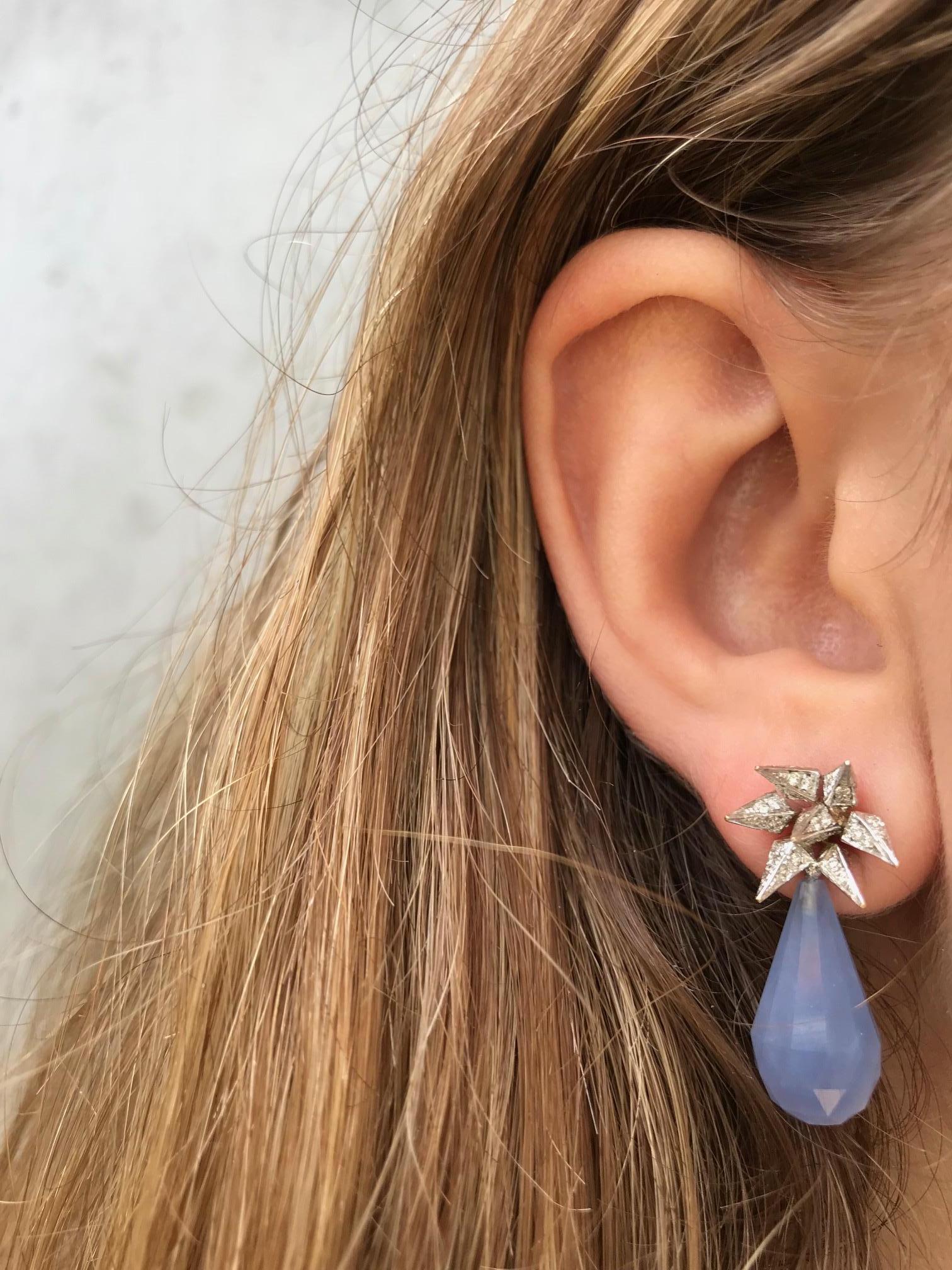 Contemporary 18 Karat White Gold Blue Chalcedony Diamond Hedgehog Spike Earrings