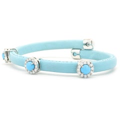 18 Karat White Gold Blue Leather Turquoise and Diamond Wrap Bracelet
