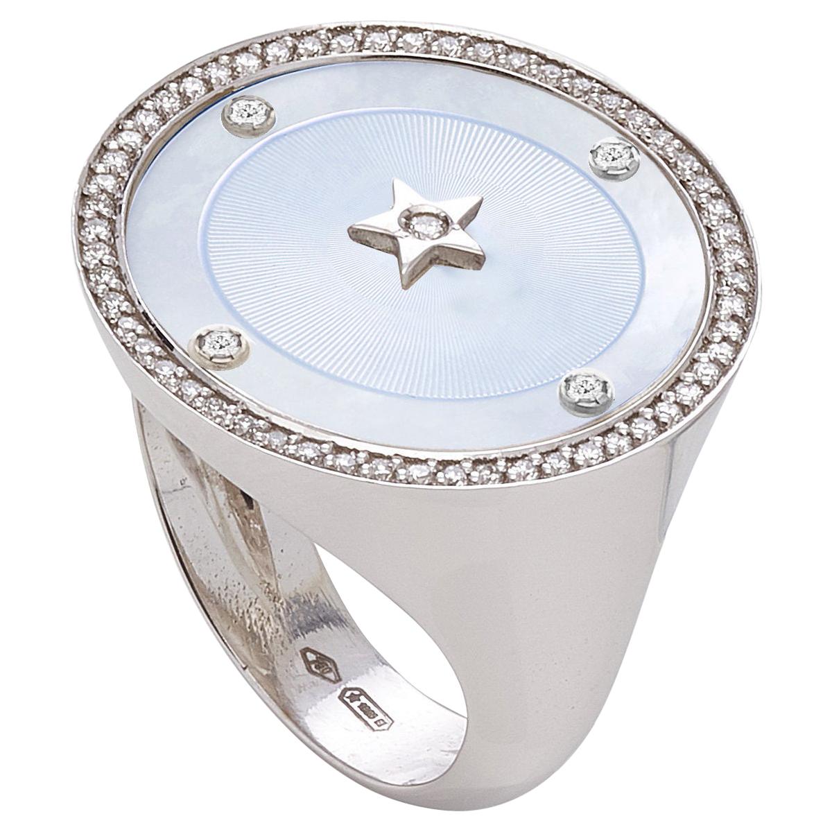 18 Karat White Gold, Blue Mother of Pearl, Brilliant Cut Diamond, Chevalier Ring For Sale