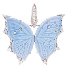 18 Karat White Gold Blue Opal Butterfly Carving Diamond Pendant Necklace