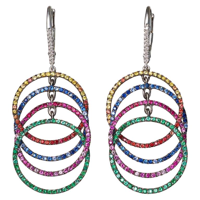 18 Karat White Gold Blue Pink Yellow Sapphires Emeralds Rubies Earrings Aenea For Sale