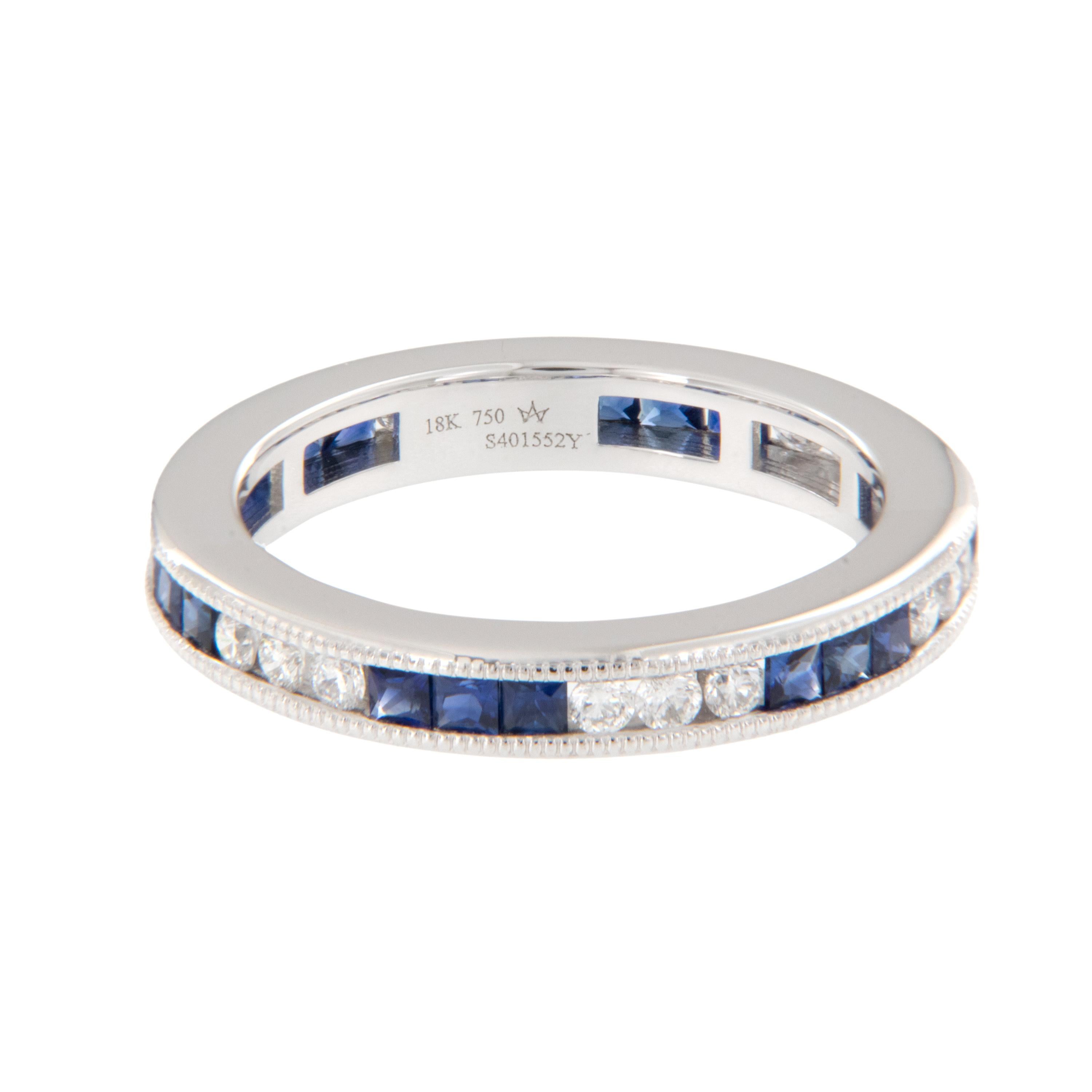 Square Cut 18 Karat White Gold Blue Sapphire and Diamond Art Deco Style Eternity Band For Sale