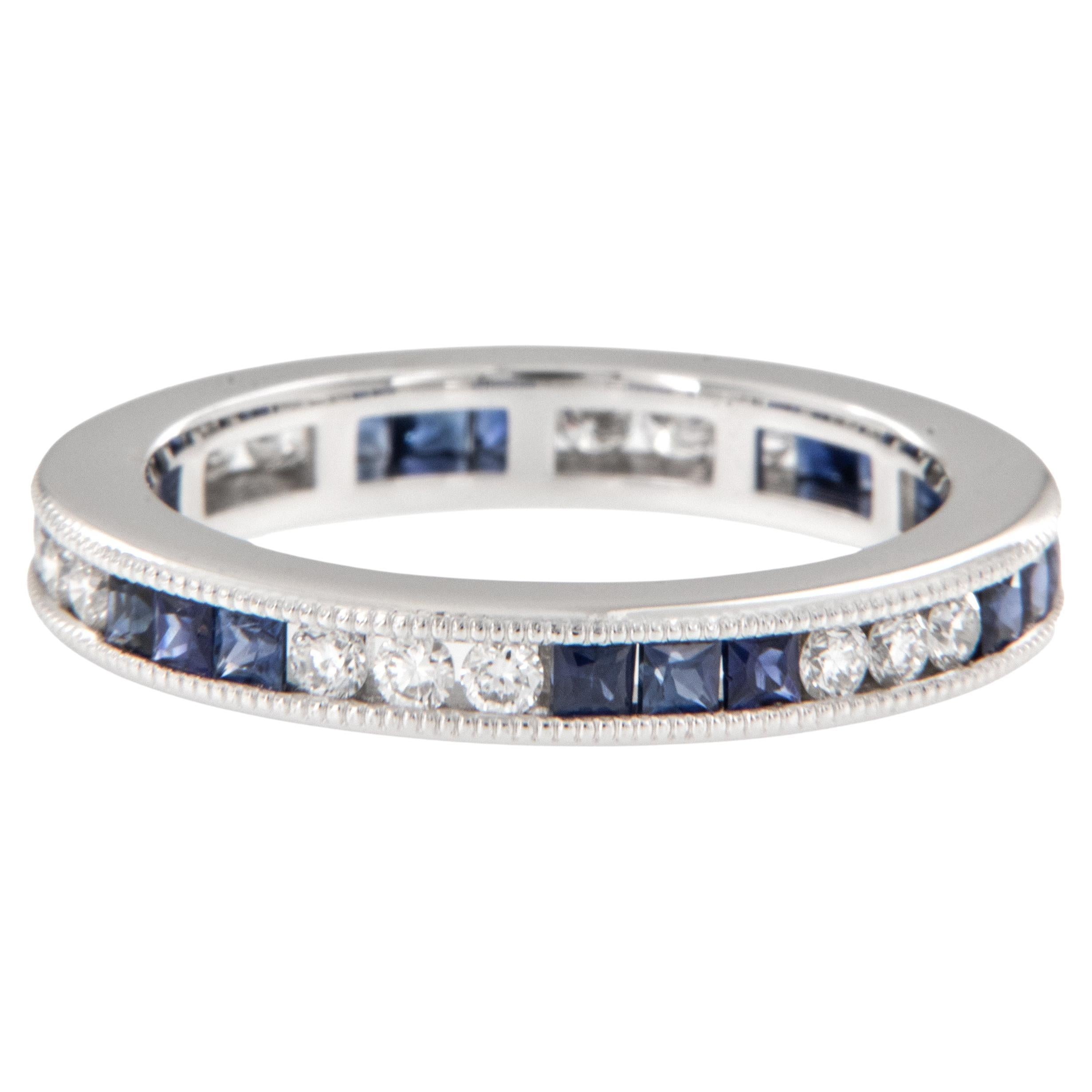 18 Karat White Gold Blue Sapphire and Diamond Art Deco Style Eternity Band