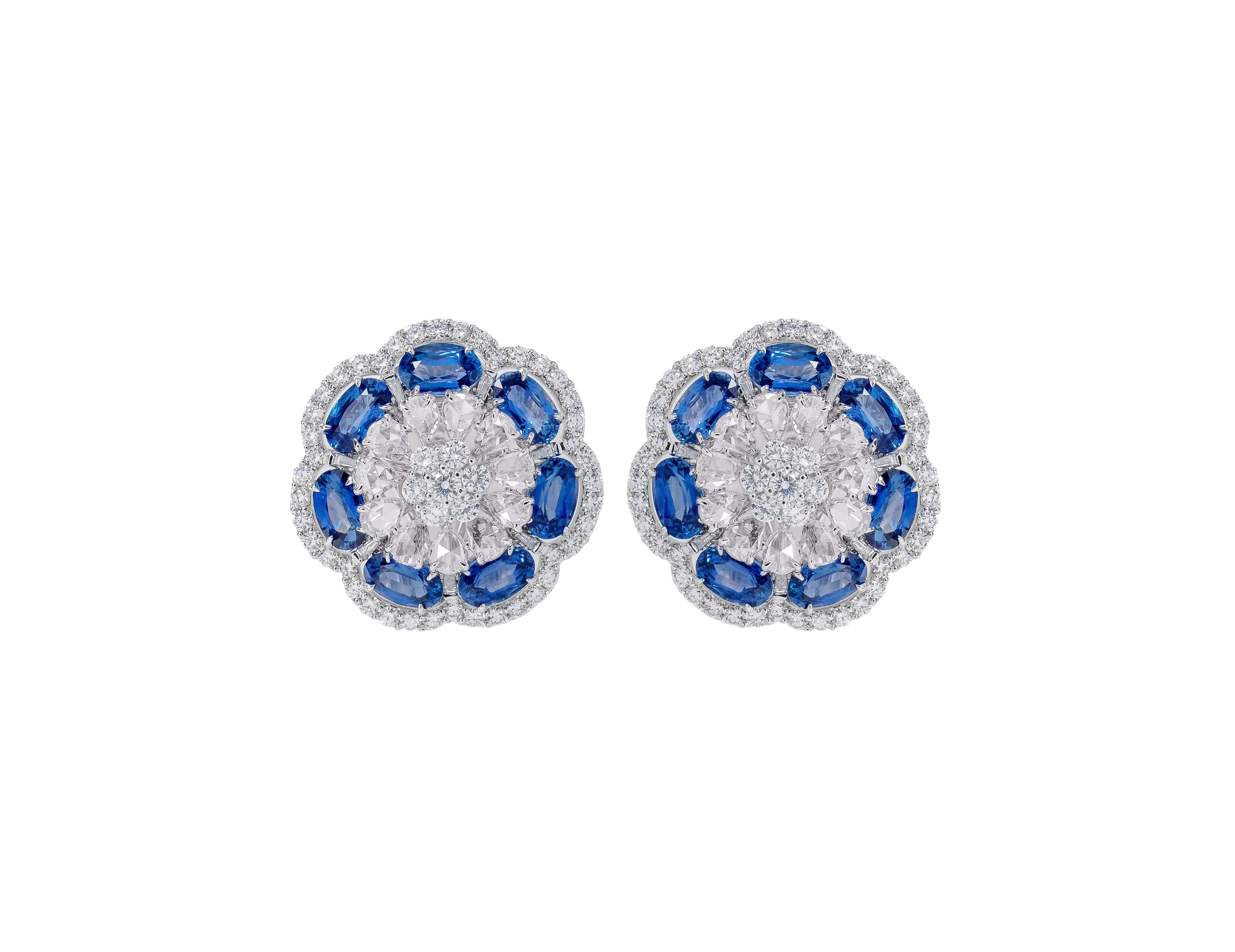 Oval Cut 18 Karat White Gold Blue Sapphire and Diamond Contemporary Cluster Stud Earring For Sale