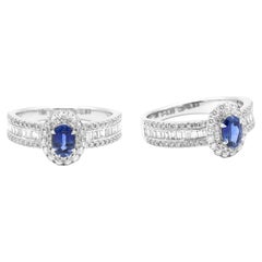 18 Karat White Gold Blue Sapphire and Diamond Double Cluster Band Ring