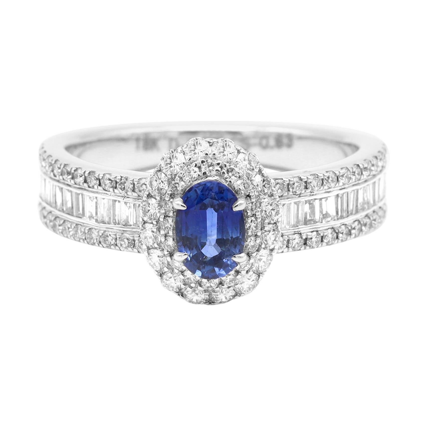 18 Karat White Gold Blue Sapphire and Diamond Double Cluster Band Ring