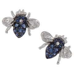18 Karat White Gold Blue Sapphire and Diamond "Mini" Bee Earrings