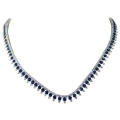 18 Karat White Gold Blue Sapphire and Diamond Princess Style Necklace