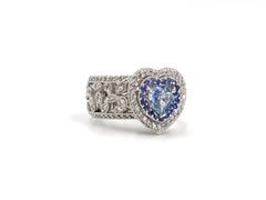 18 Karat White Gold Blue Sapphire and Diamond Wide Heart Ring