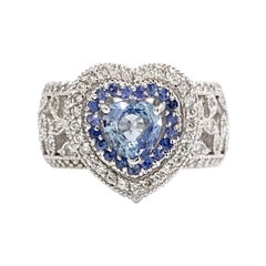 18 Karat White Gold Blue Sapphire and Diamond Wide Heart Ring