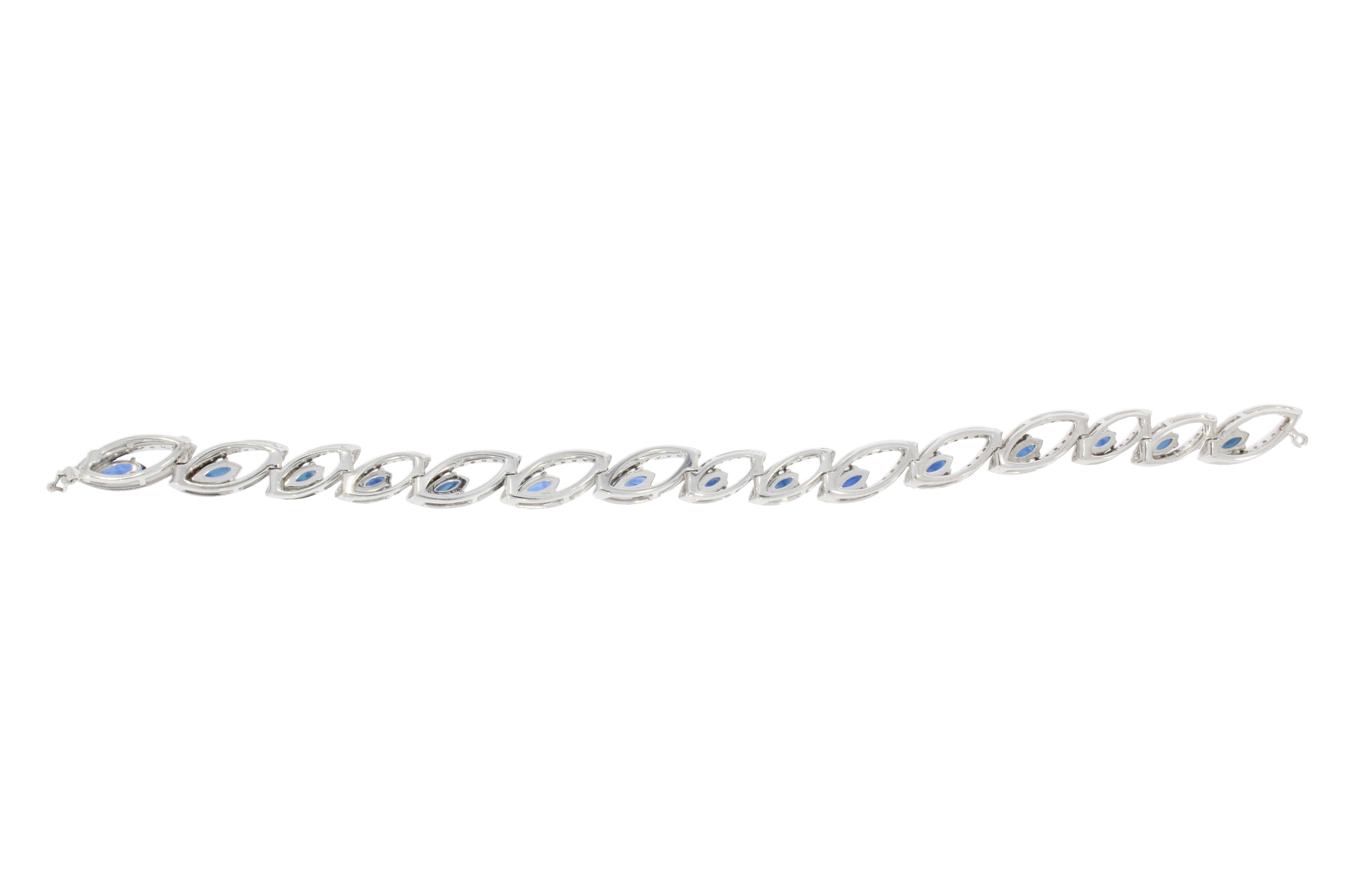 Marquise Cut 18 Karat White Gold Blue Sapphire and Diamonds Petali Bracelet by Niquesa For Sale