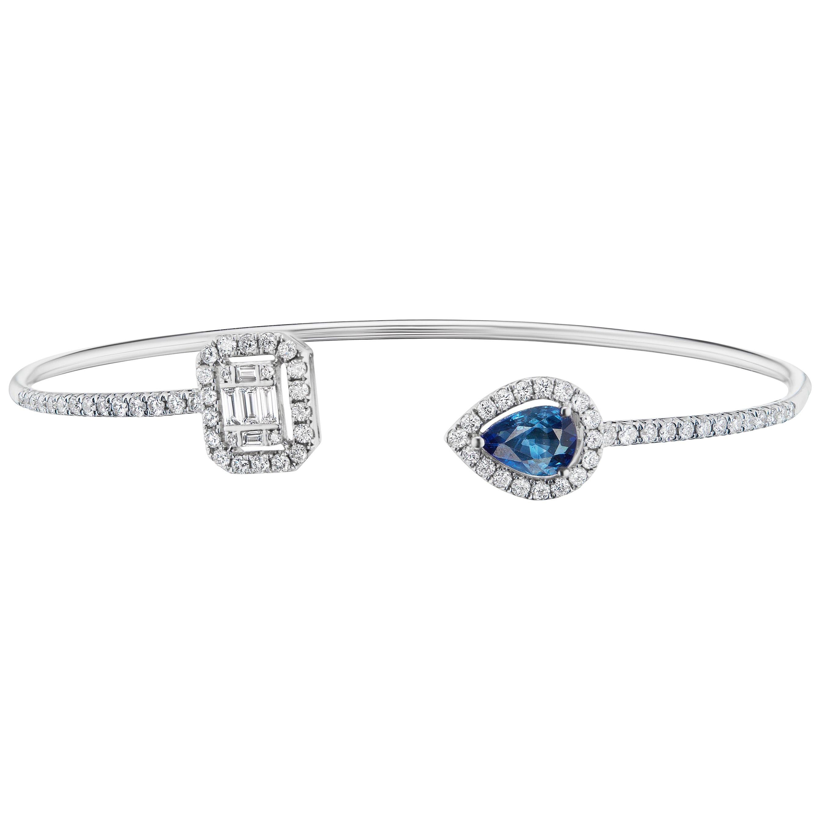 18 Karat White Gold Blue Sapphire and Pave Diamond Cuff Bangle