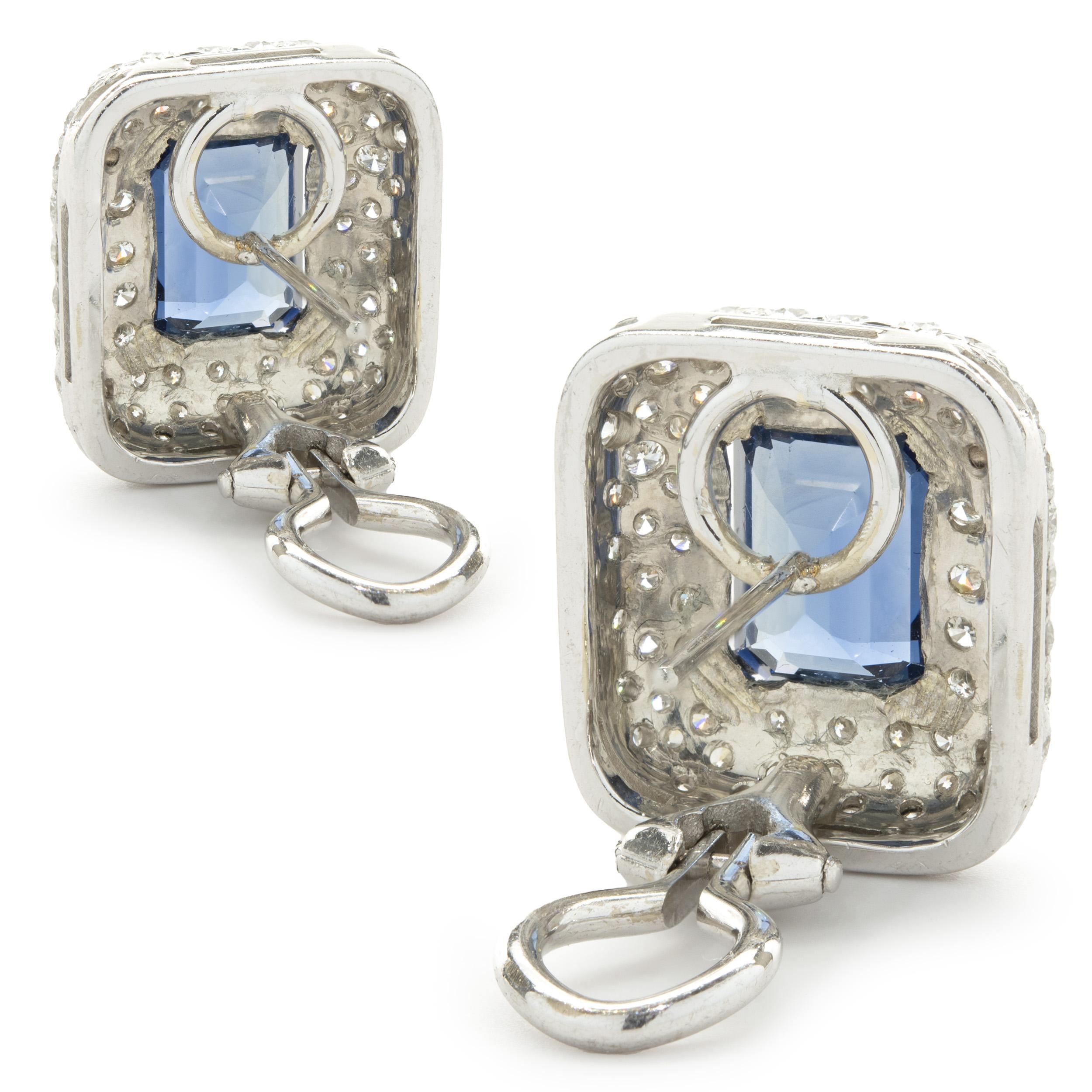Emerald Cut 18 Karat White Gold Blue Sapphire and Pave Diamond Earrings For Sale