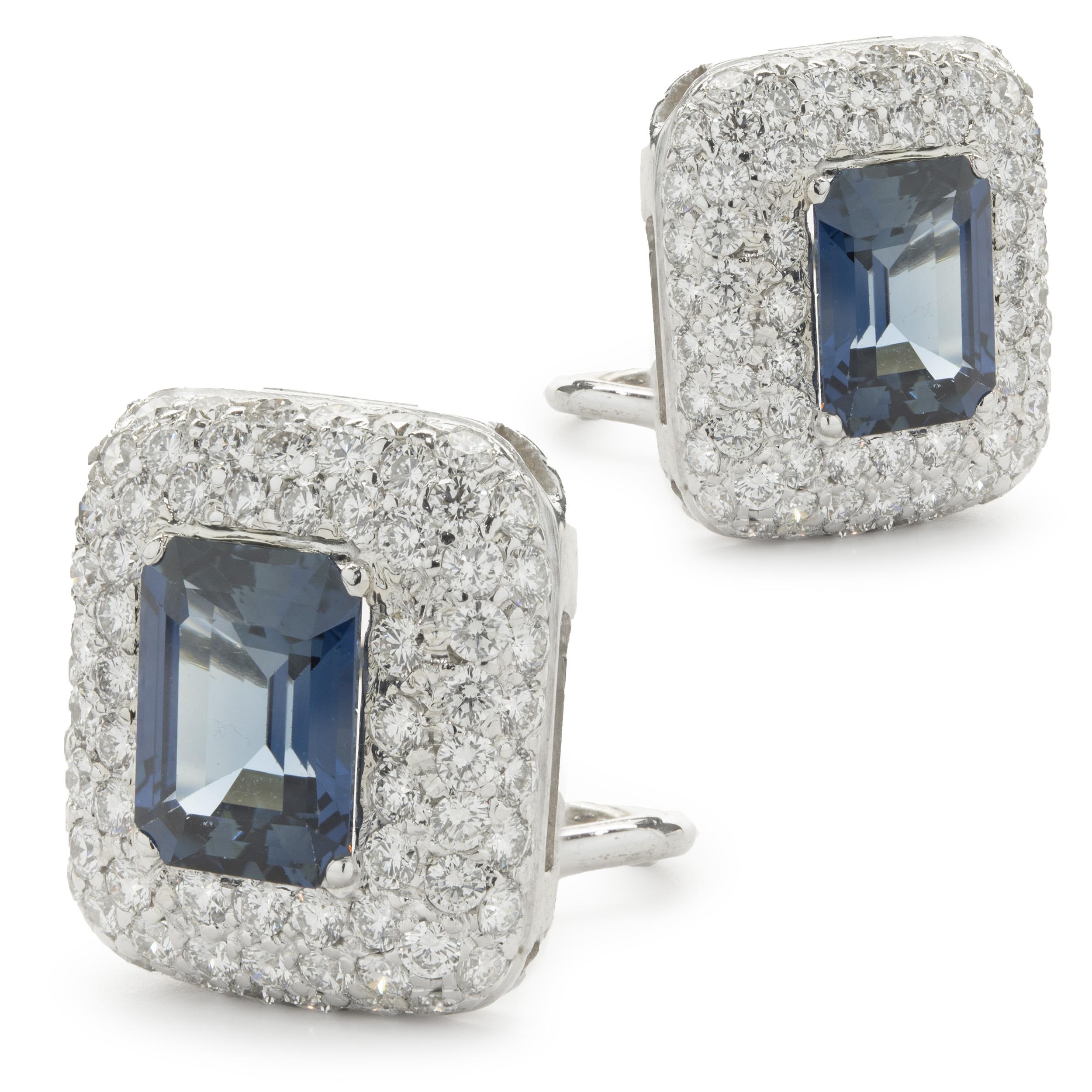 18 Karat White Gold Blue Sapphire and Pave Diamond Earrings In Excellent Condition For Sale In Scottsdale, AZ