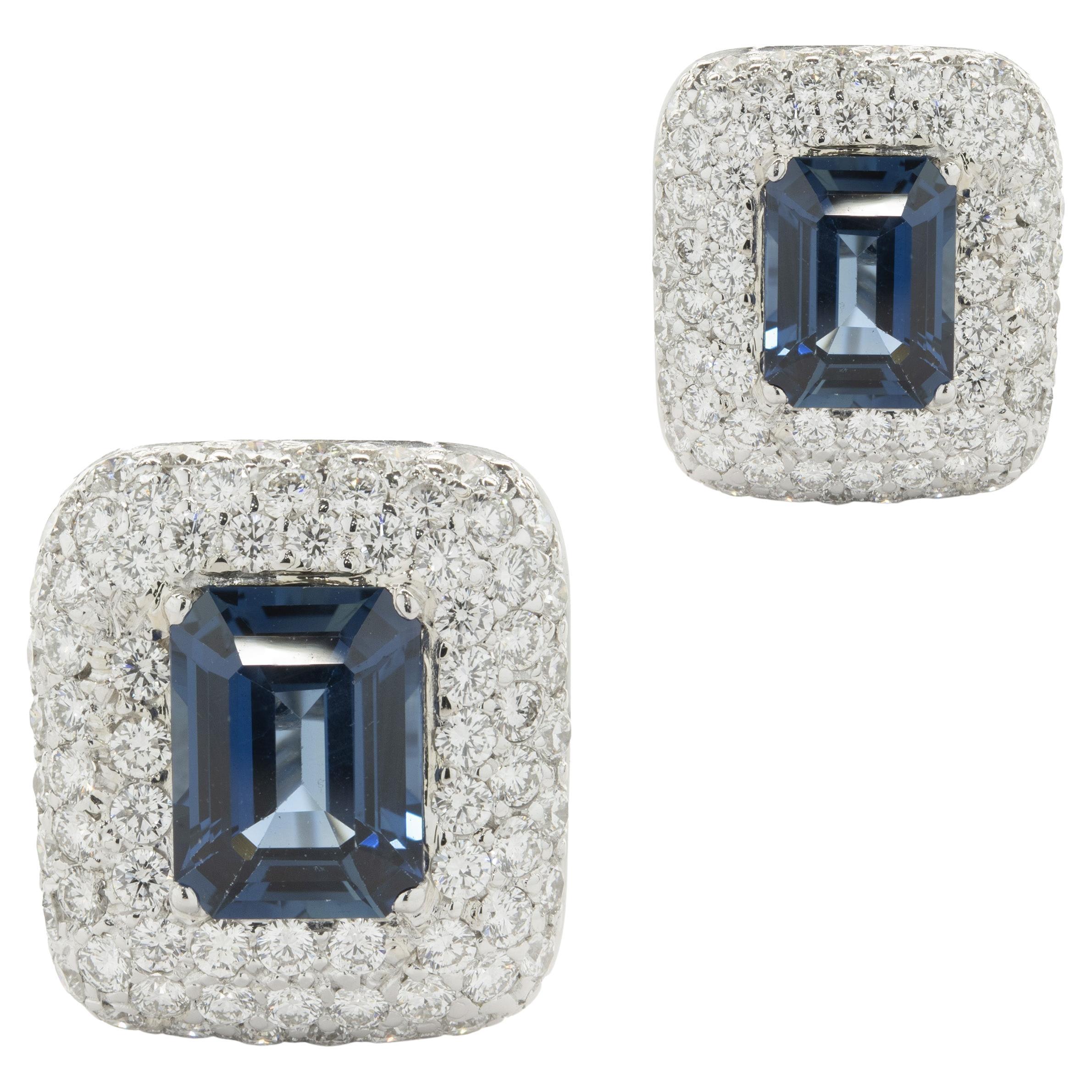 18 Karat White Gold Blue Sapphire and Pave Diamond Earrings For Sale