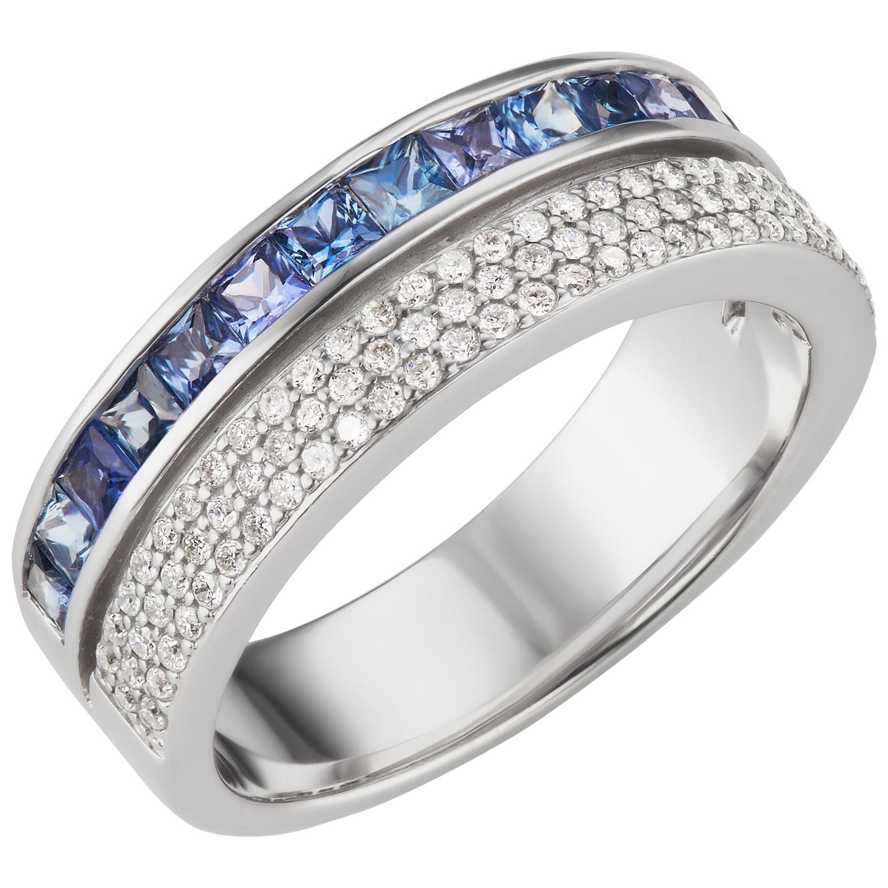 18 Karat White Gold Blue Sapphire and Pave Diamond Scroll Ring