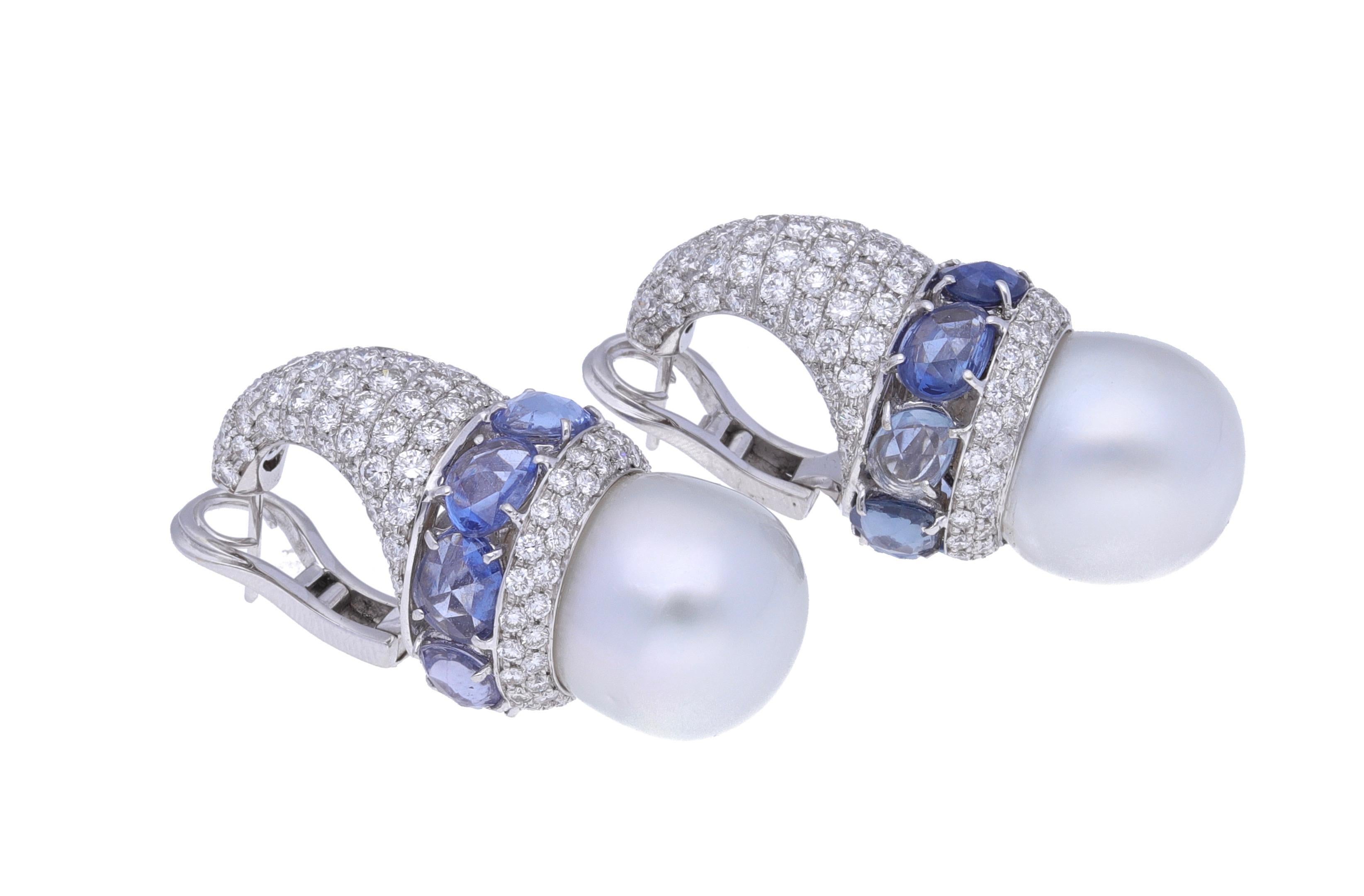 Modern 18 Karat White Gold Blue Sapphire Australian Pearls Diamonds Earrings For Sale