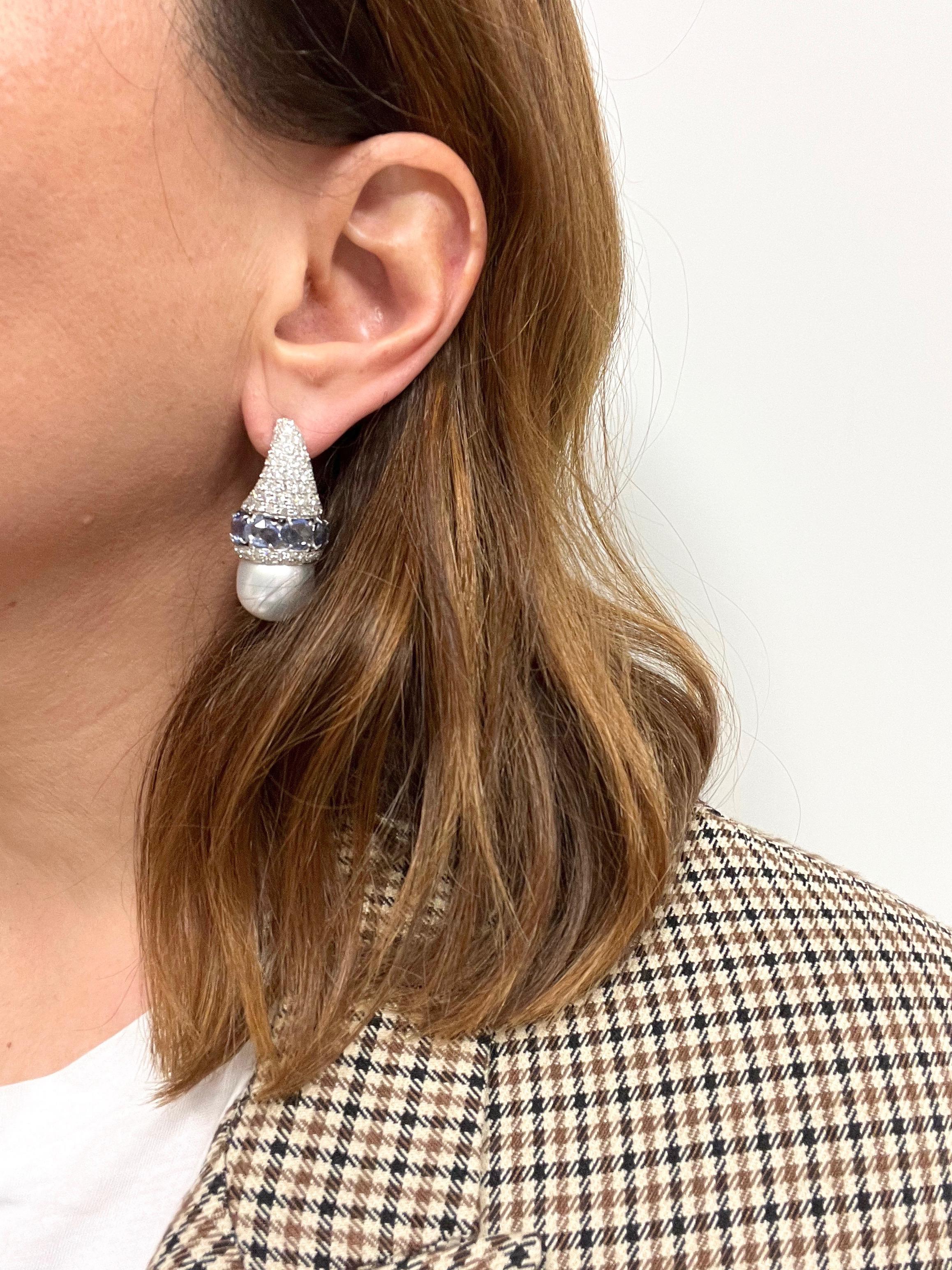 Women's 18 Karat White Gold Blue Sapphire Australian Pearls Diamonds Earrings For Sale