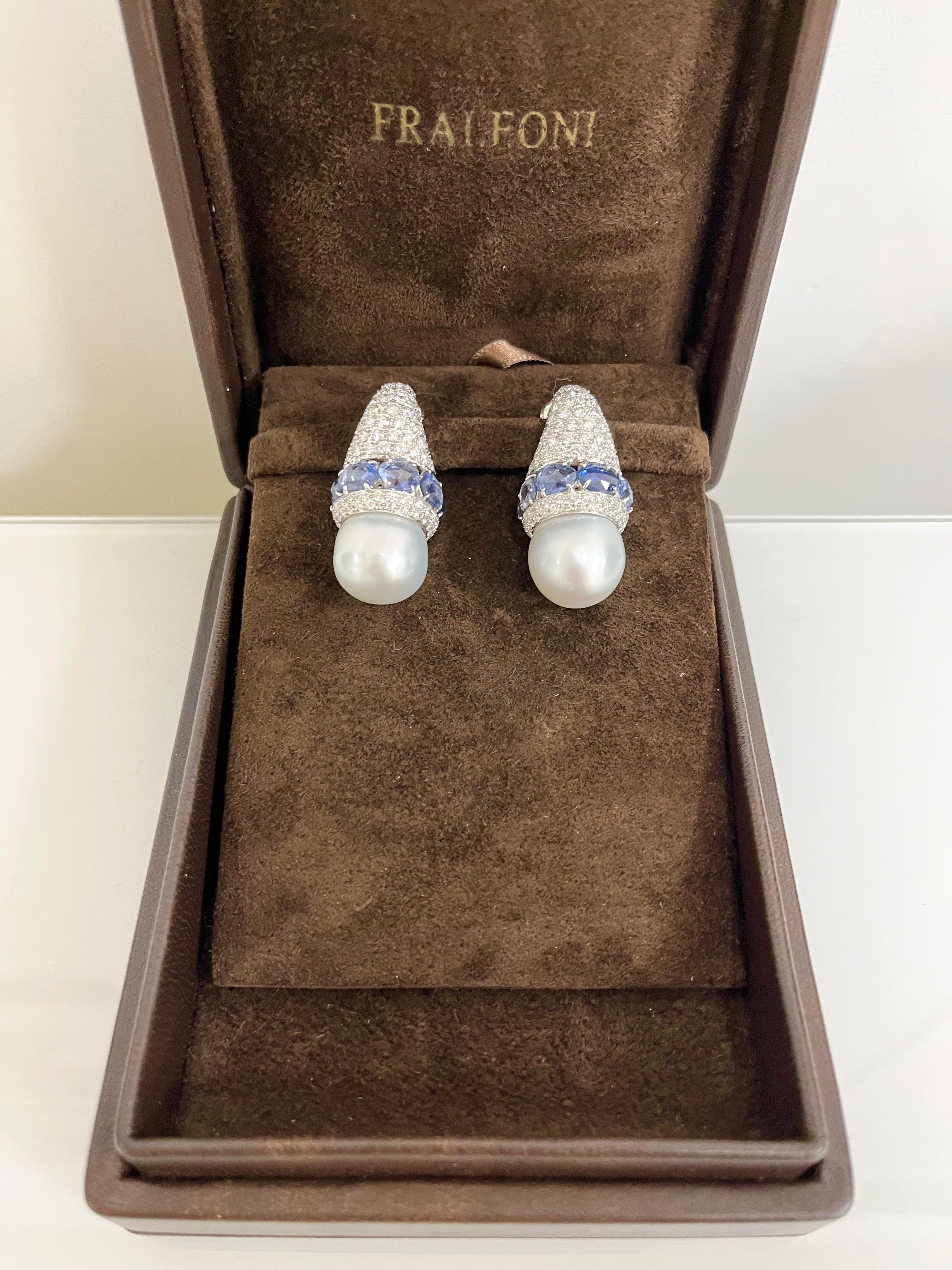 18 Karat White Gold Blue Sapphire Australian Pearls Diamonds Earrings For Sale 2