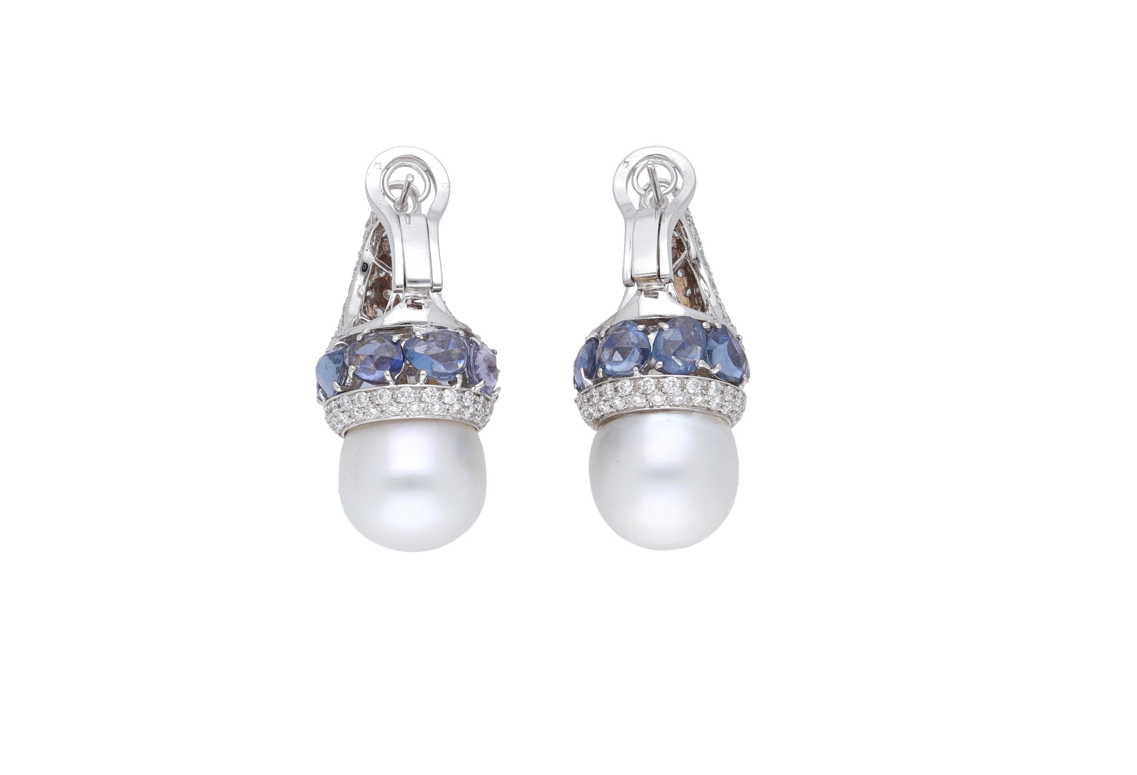 18 Karat White Gold Blue Sapphire Australian Pearls Diamonds Earrings For Sale 3