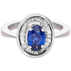 18 Karat White Gold Blue Sapphire Baguette Diamond Cocktail Ring