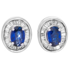 18 Karat White Gold Blue Sapphire Baguette Diamond Stud Earrings