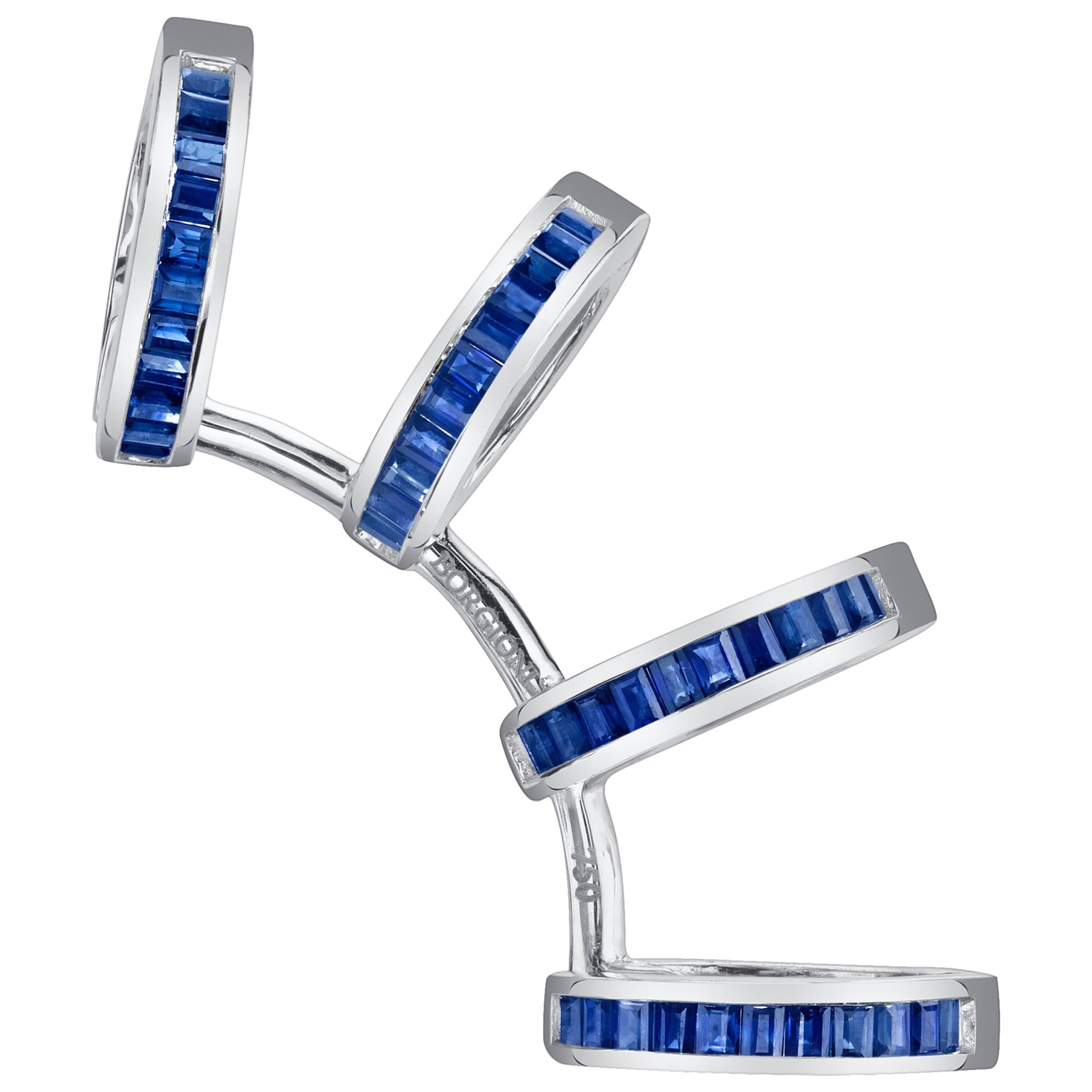 Boucle d'oreille en or blanc 18 carats, saphir bleu baguette multi