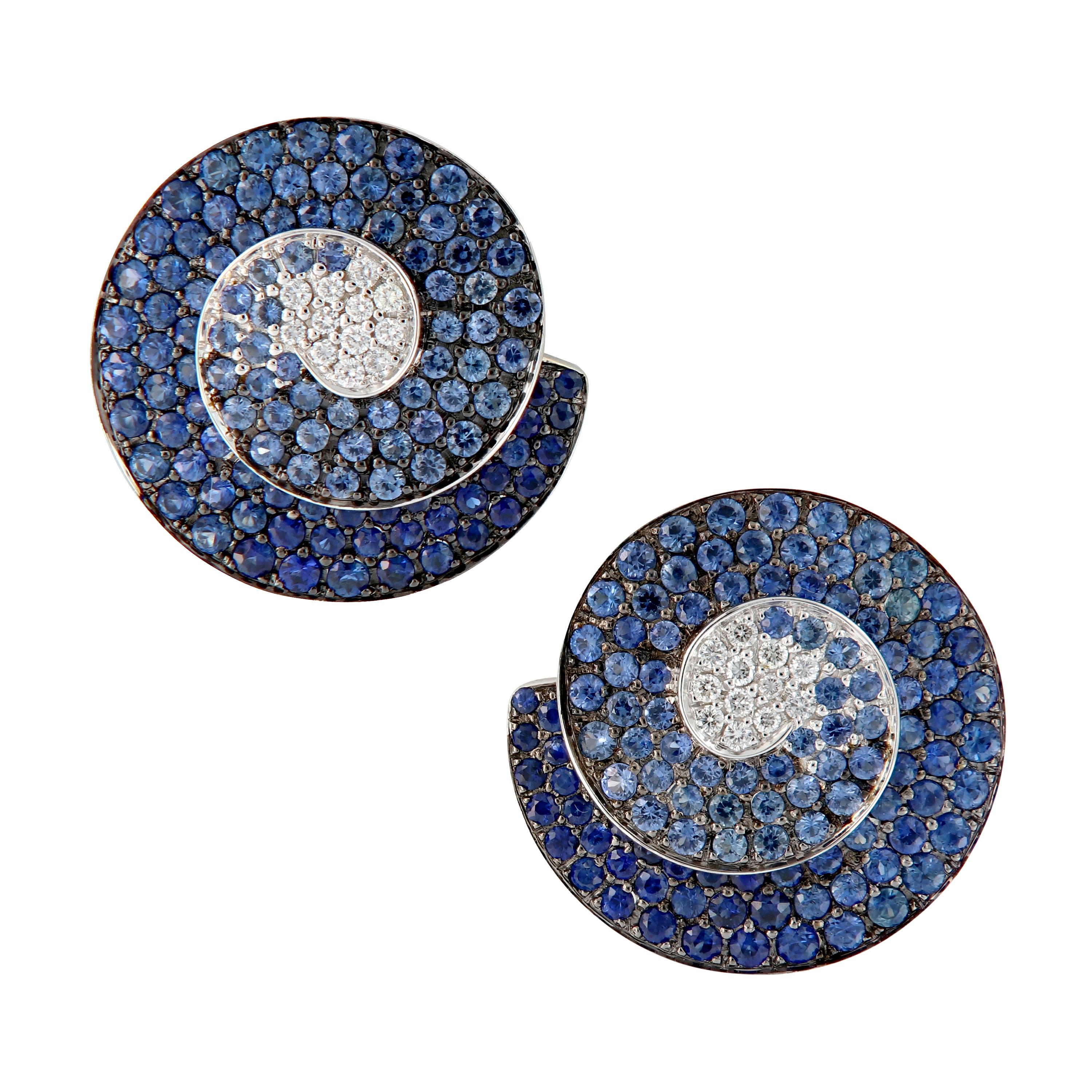 18 Karat White Gold Blue Sapphire Diamond Button Earrings