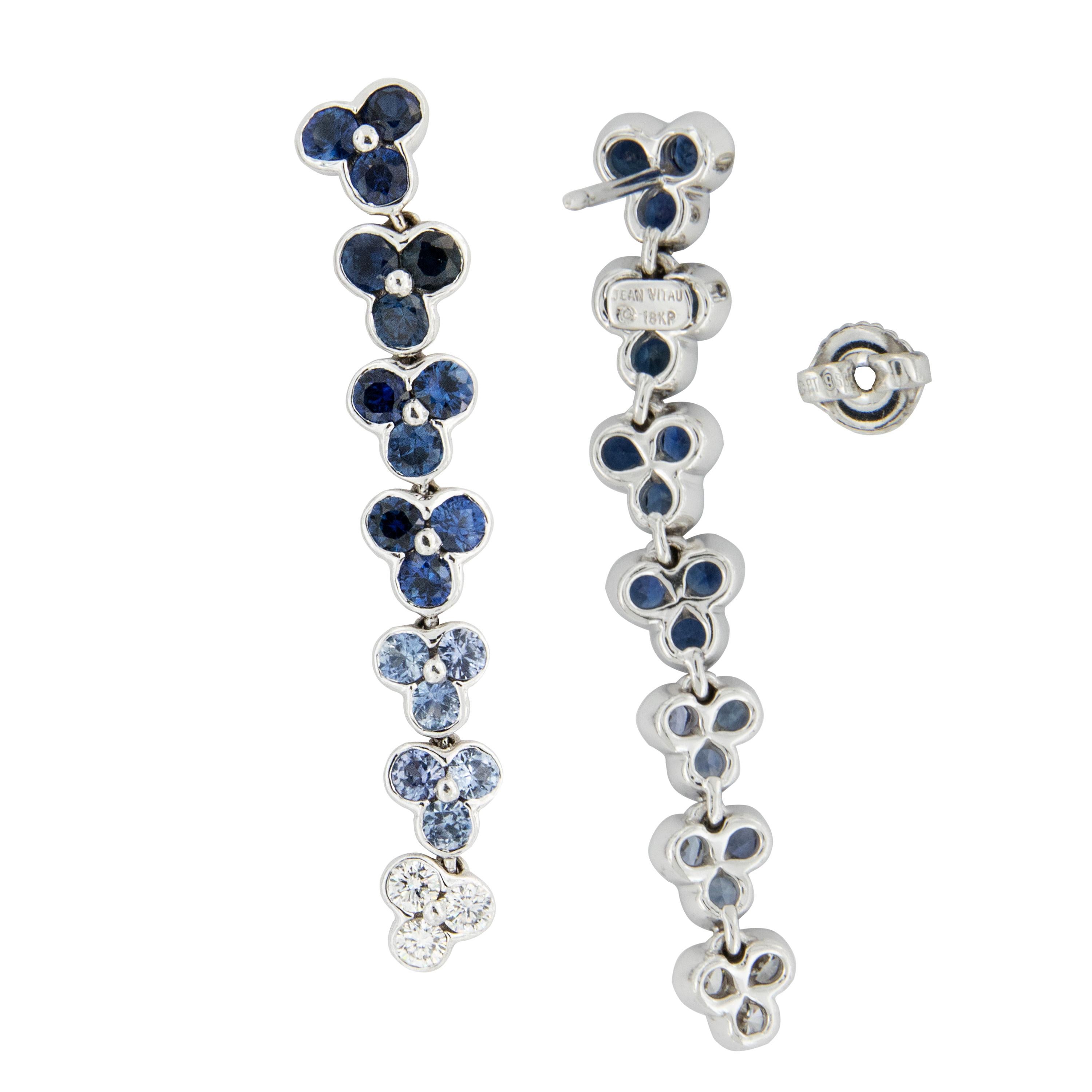 Round Cut 18 Karat White Gold, Blue Sapphire and Diamond Dangle Earrings by Jean Vitau