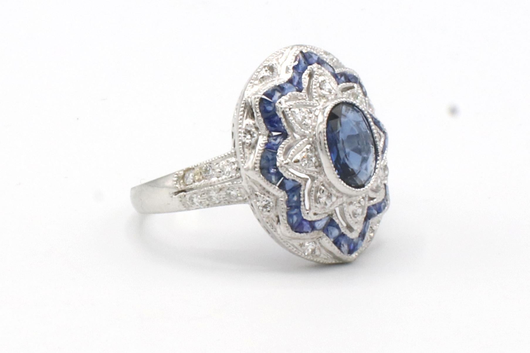 Modern 18 Karat White Gold Blue Sapphire & Natural Diamond Dome Ring For Sale